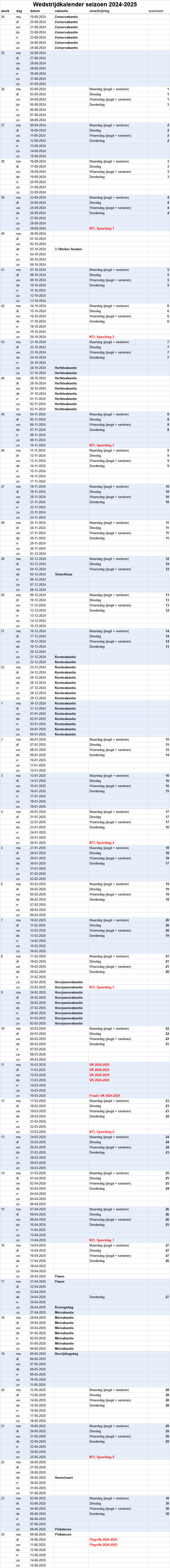 Wedstrijdkalender 2024-2025